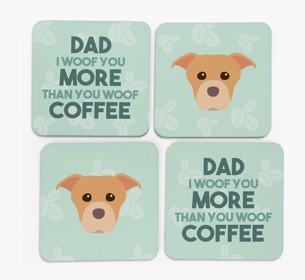 'Dad I woof you more than you woof coffee' Coasters with {breedFullName} Icon