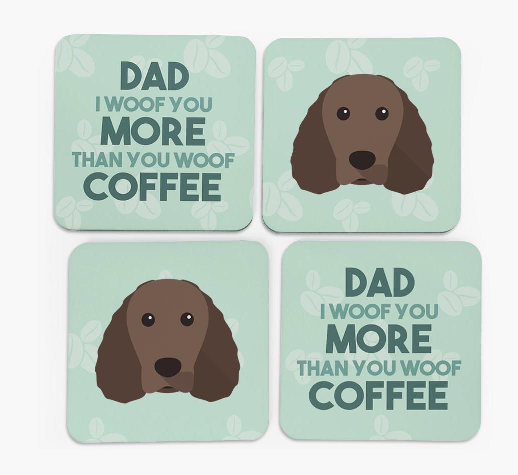 'Dad I woof you more than you woof coffee' Coasters with {breedFullName} Icon