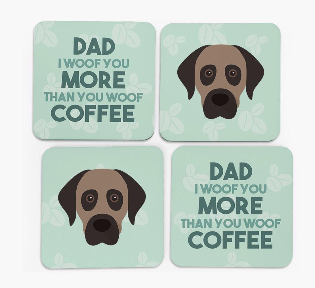 'Dad I woof you more than you woof coffee' Coasters with {breedFullName} Icon