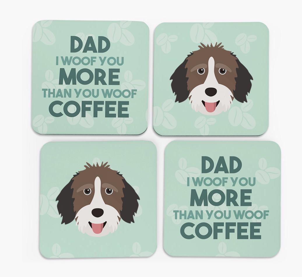 'Dad I woof you more than you woof coffee' Coasters with {breedFullName} Icon