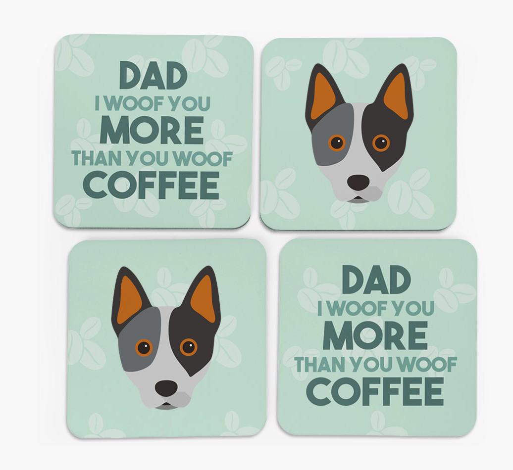 'Dad I woof you more than you woof coffee' Coasters with {breedFullName} Icon