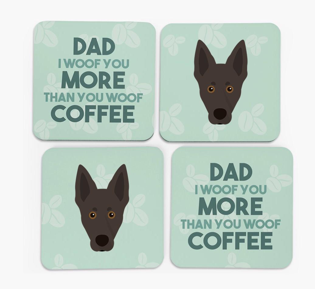 'Dad I woof you more than you woof coffee' Coasters with {breedFullName} Icon