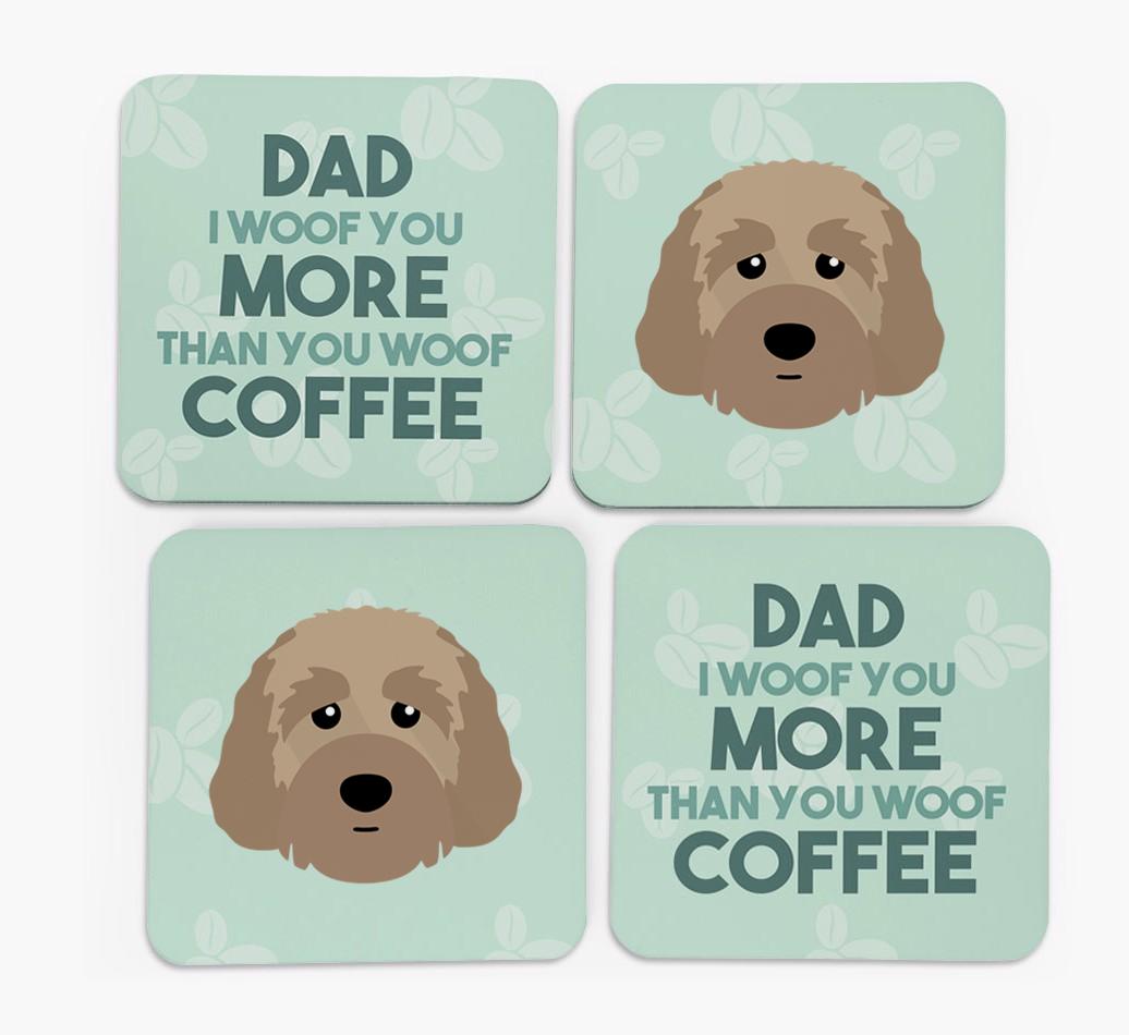 'Dad I woof you more than you woof coffee' Coasters with {breedFullName} Icon