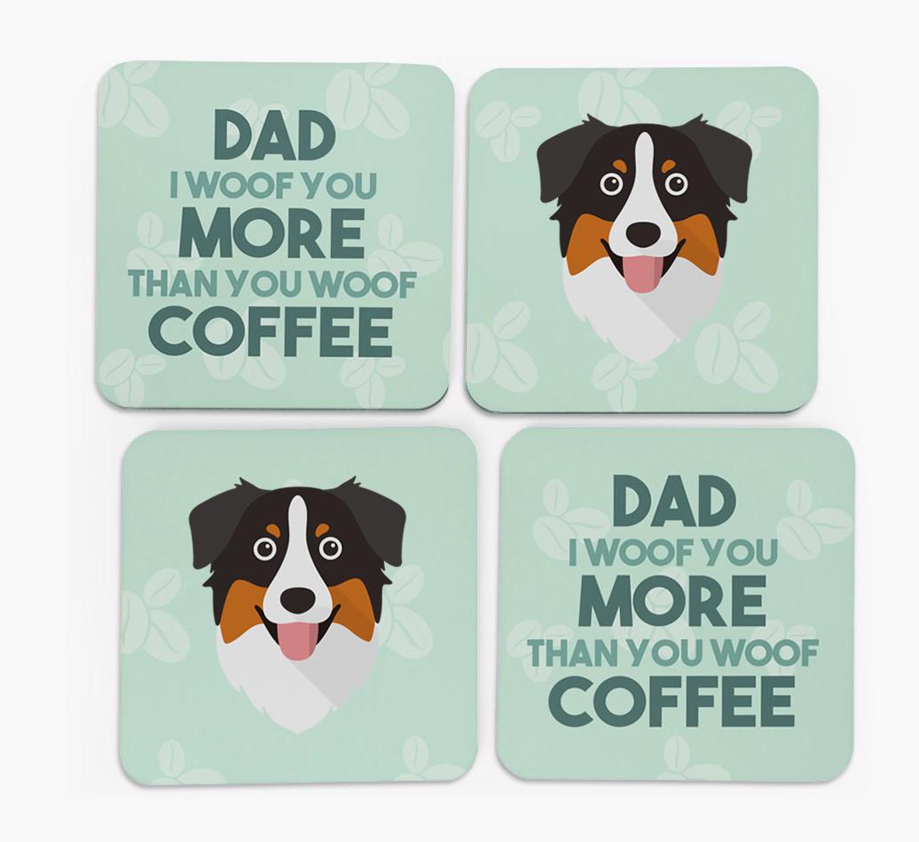 'Dad I woof you more than you woof coffee' Coasters with {breedFullName} Icon