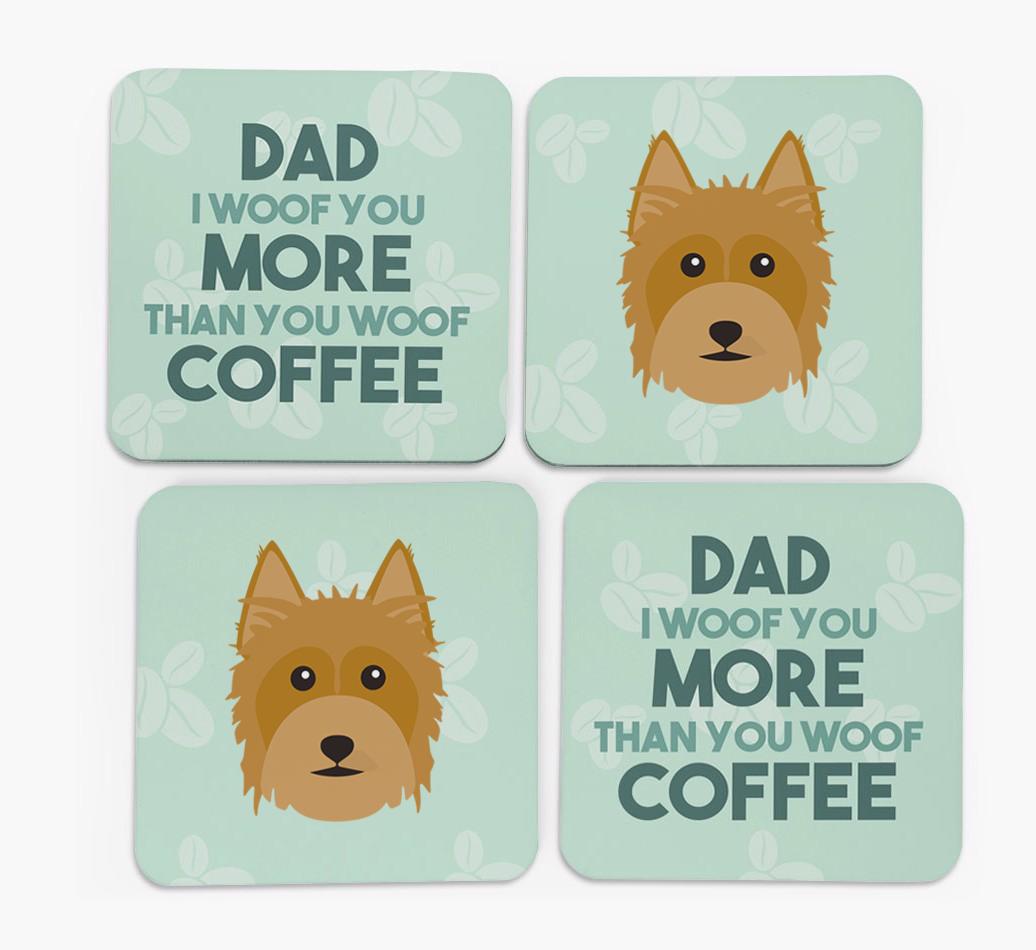 'Dad I woof you more than you woof coffee' Coasters with {breedFullName} Icon