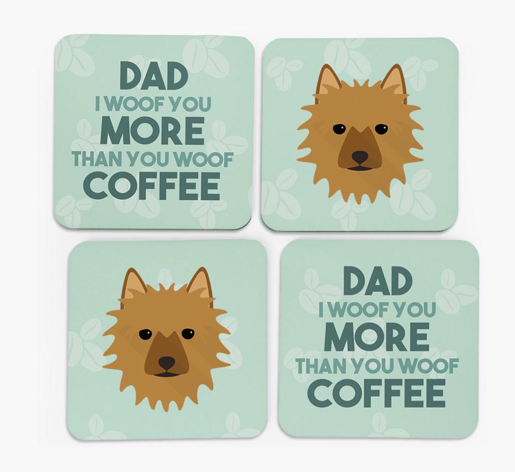 'Dad I woof you more than you woof coffee' Coasters with {breedFullName} Icon