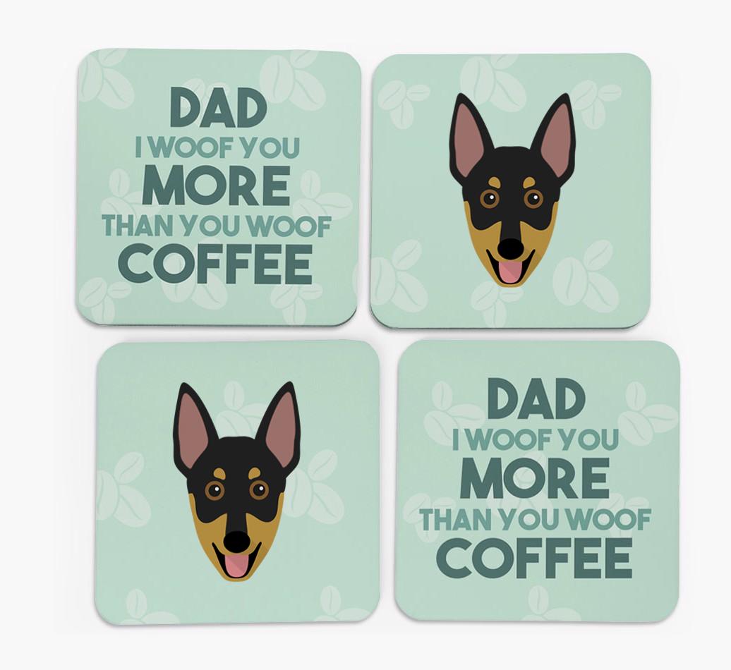 'Dad I woof you more than you woof coffee' Coasters with {breedFullName} Icon