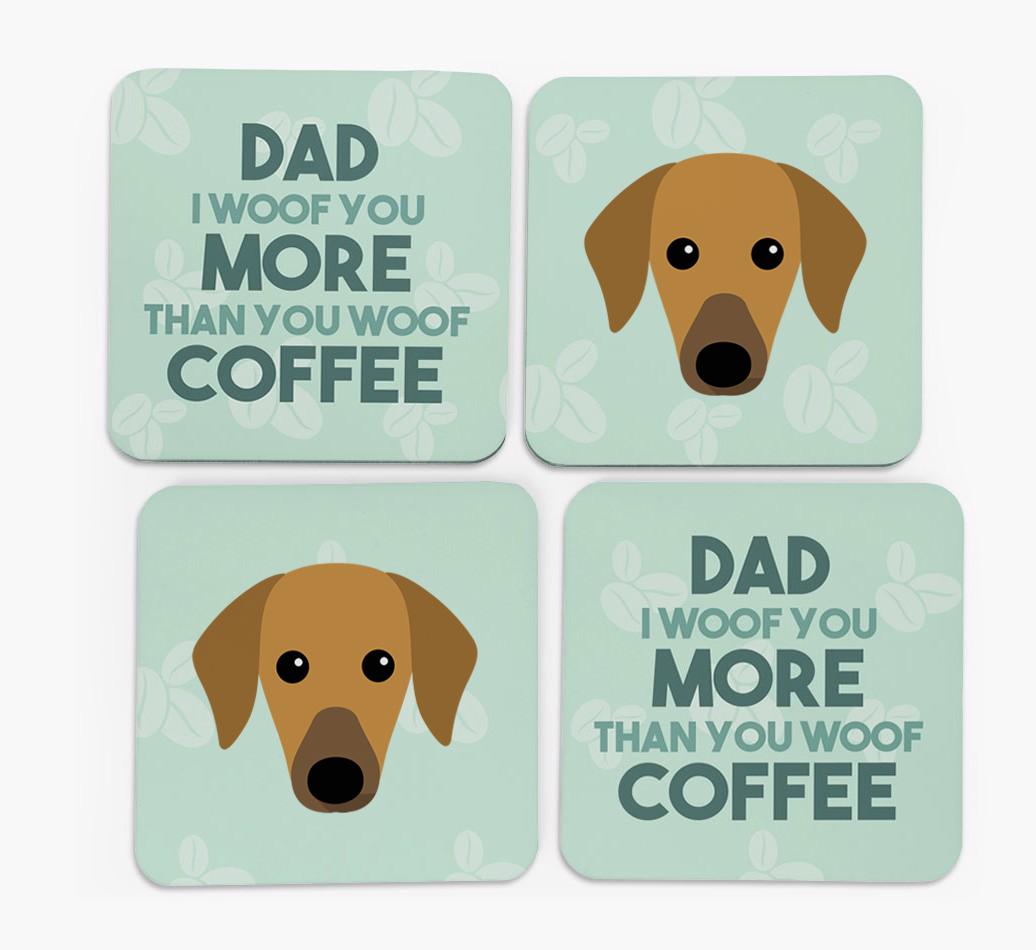 'Dad I woof you more than you woof coffee' Coasters with {breedFullName} Icon