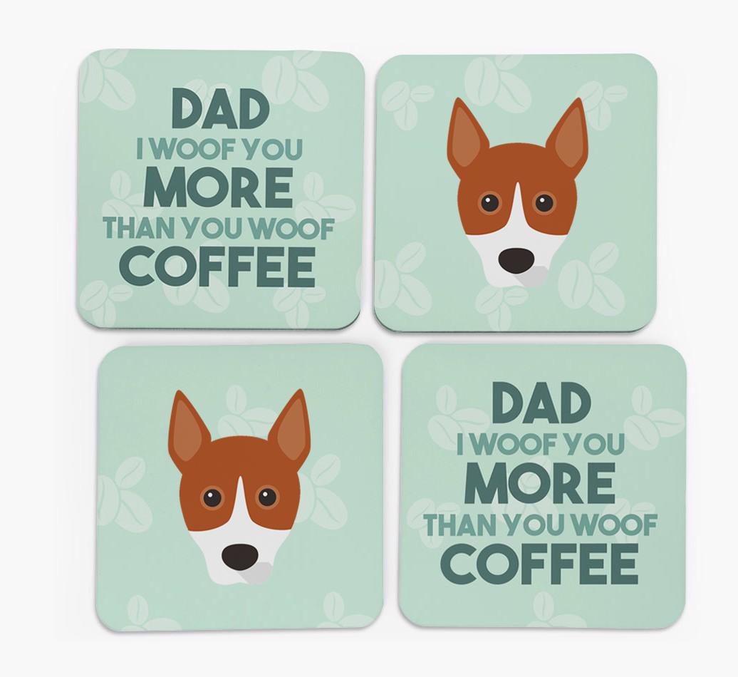 'Dad I woof you more than you woof coffee' Coasters with {breedFullName} Icon