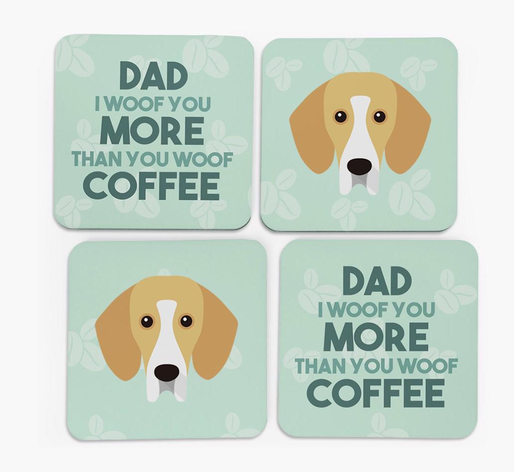 'Dad I woof you more than you woof coffee' Coasters with {breedFullName} Icon
