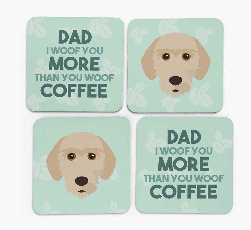 'Dad I woof you more than you woof coffee' Coasters with {breedFullName} Icon