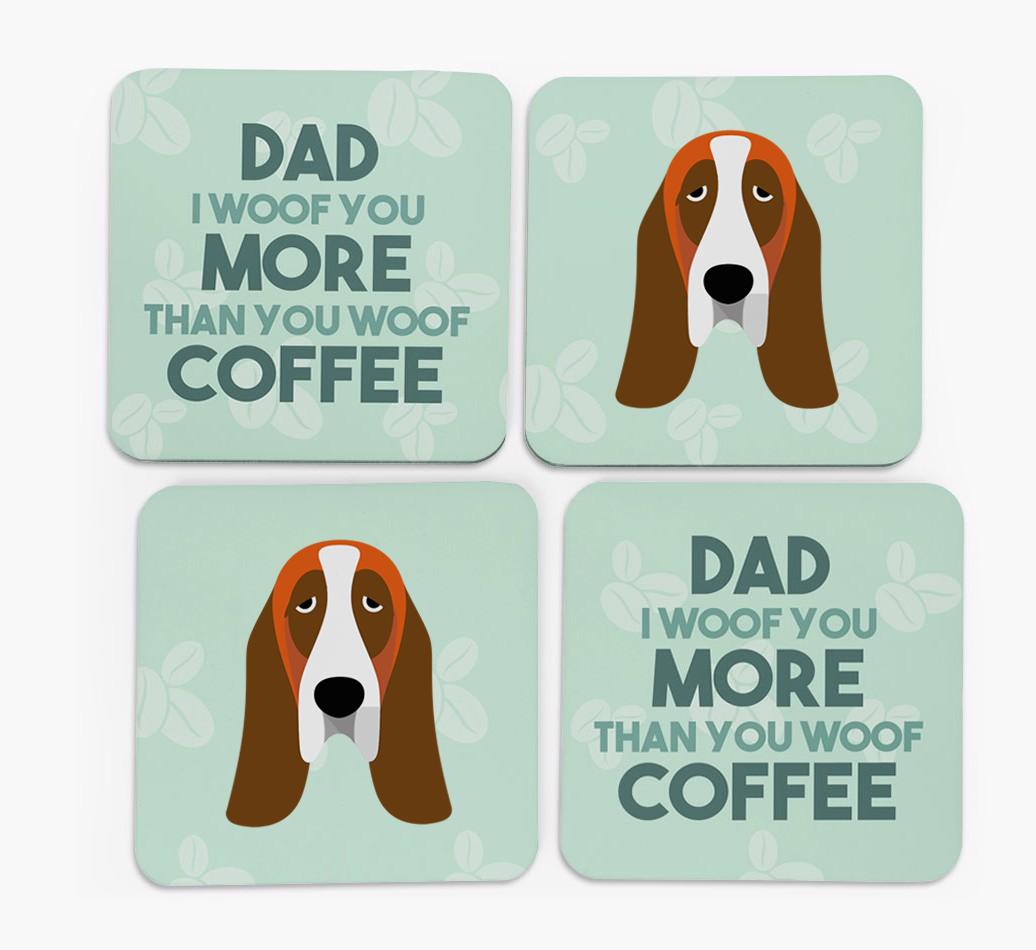 'Dad I woof you more than you woof coffee' Coasters with {breedFullName} Icon