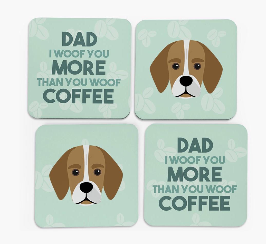 'Dad I woof you more than you woof coffee' Coasters with {breedFullName} Icon