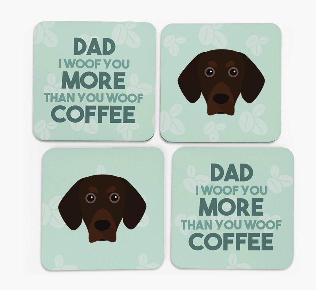 'Dad I woof you more than you woof coffee' Coasters with {breedFullName} Icon
