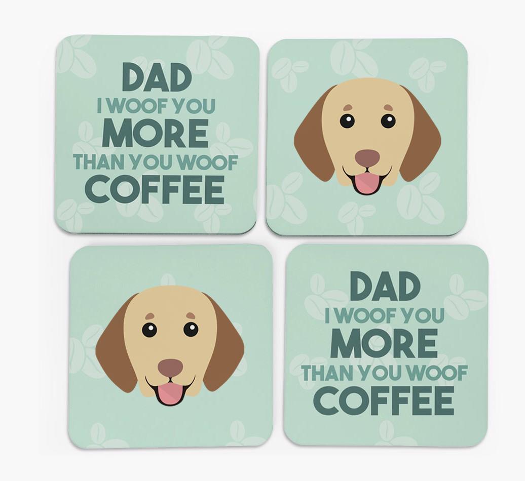 'Dad I woof you more than you woof coffee' Coasters with {breedFullName} Icon