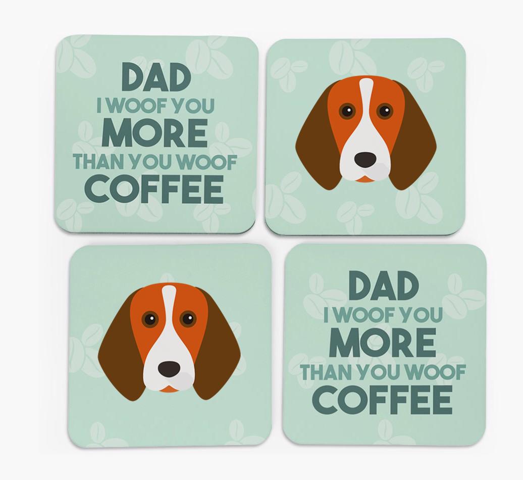'Dad I woof you more than you woof coffee' Coasters with {breedFullName} Icon