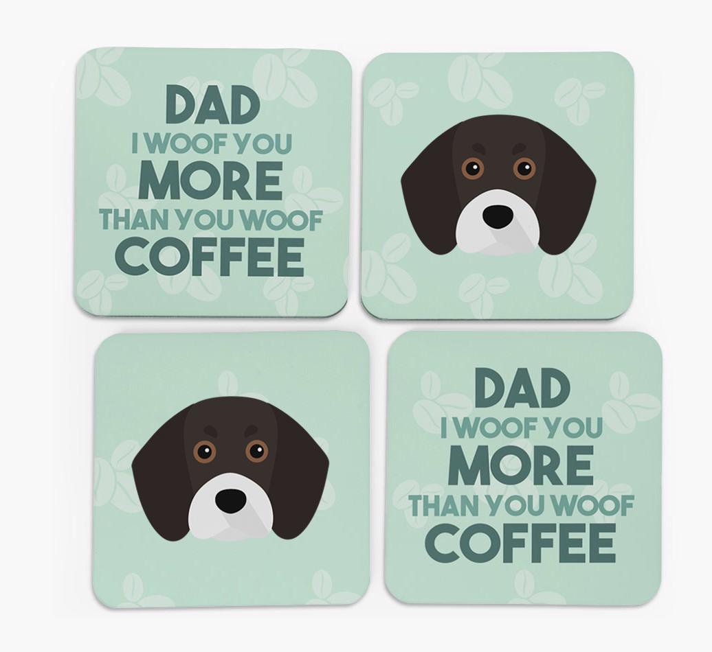 'Dad I woof you more than you woof coffee' Coasters with {breedFullName} Icon