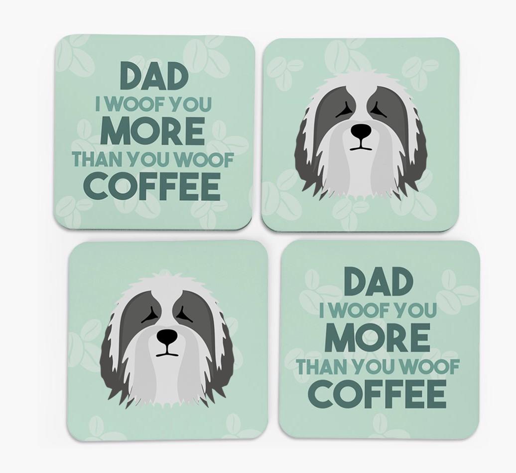 'Dad I woof you more than you woof coffee' Coasters with {breedFullName} Icon