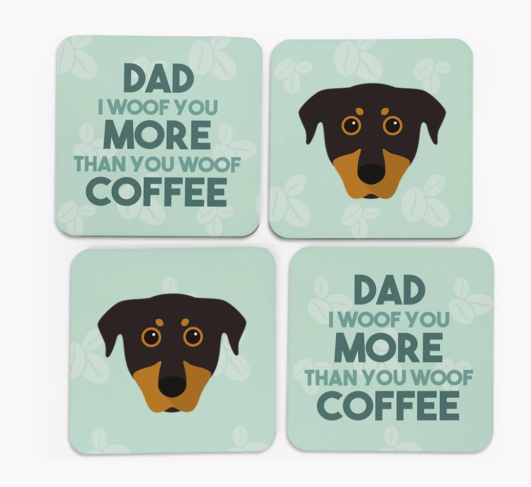 'Dad I woof you more than you woof coffee' Coasters with {breedFullName} Icon