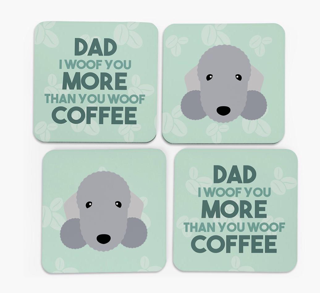 'Dad I woof you more than you woof coffee' Coasters with {breedFullName} Icon