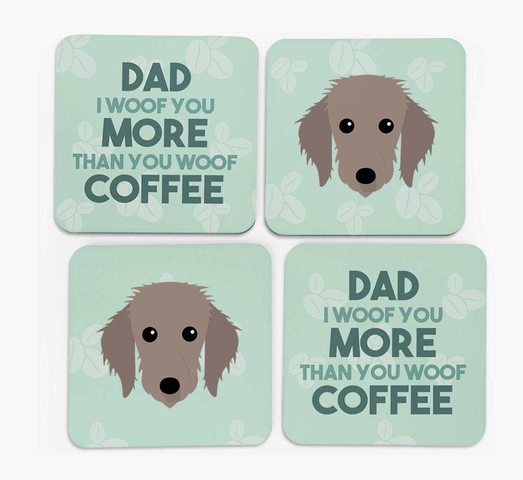 'Dad I woof you more than you woof coffee' Coasters with {breedFullName} Icon