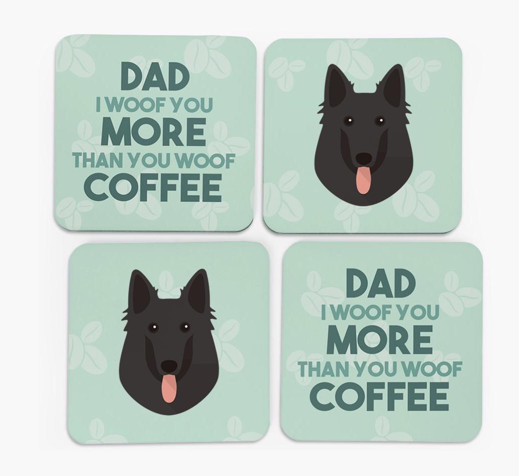 'Dad I woof you more than you woof coffee' Coasters with {breedFullName} Icon