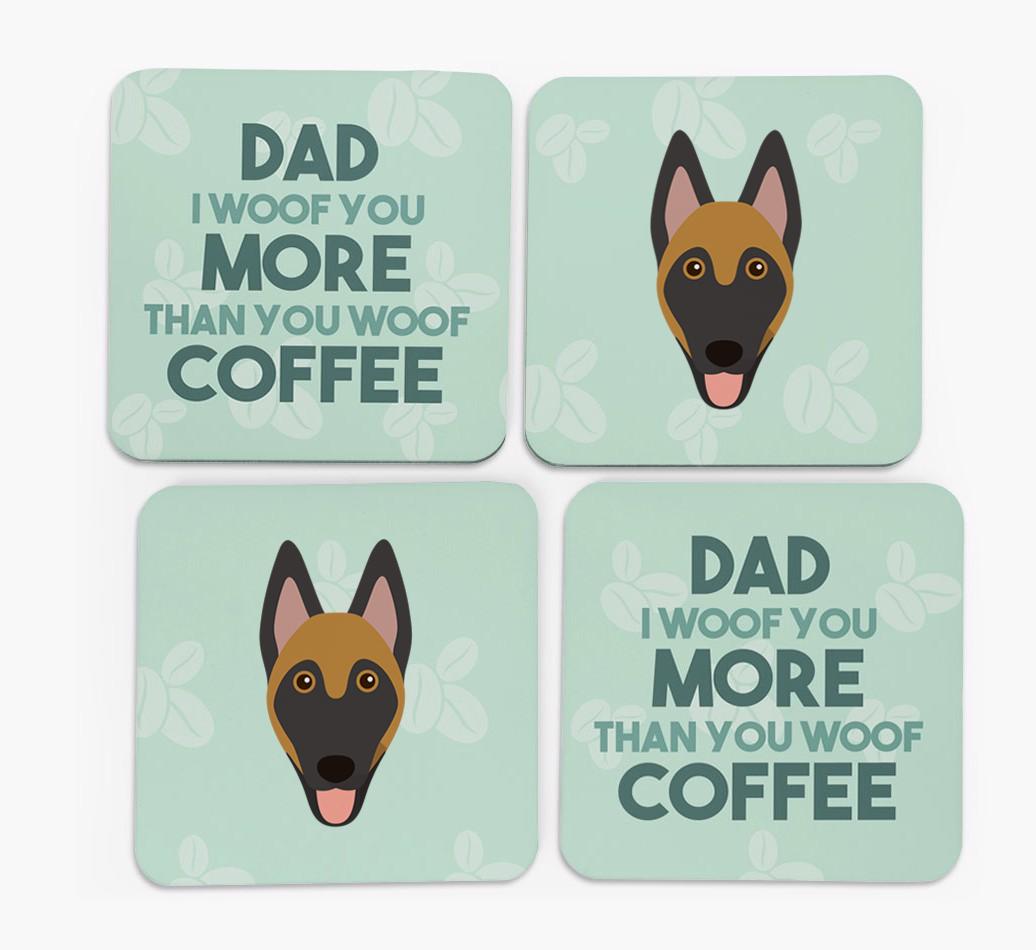 'Dad I woof you more than you woof coffee' Coasters with {breedFullName} Icon
