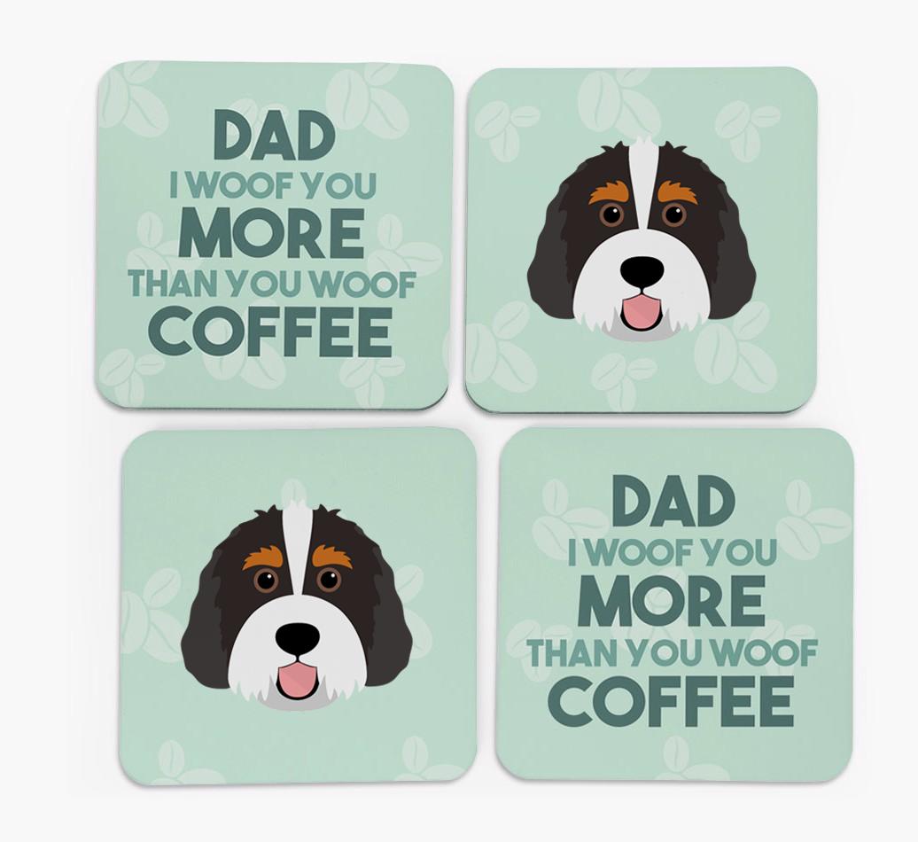 'Dad I woof you more than you woof coffee' Coasters with {breedFullName} Icon
