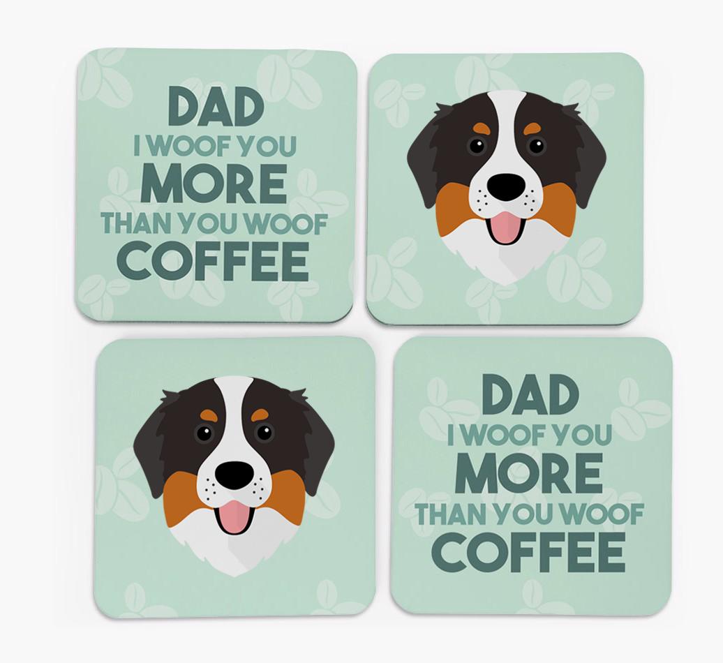 'Dad I woof you more than you woof coffee' Coasters with {breedFullName} Icon