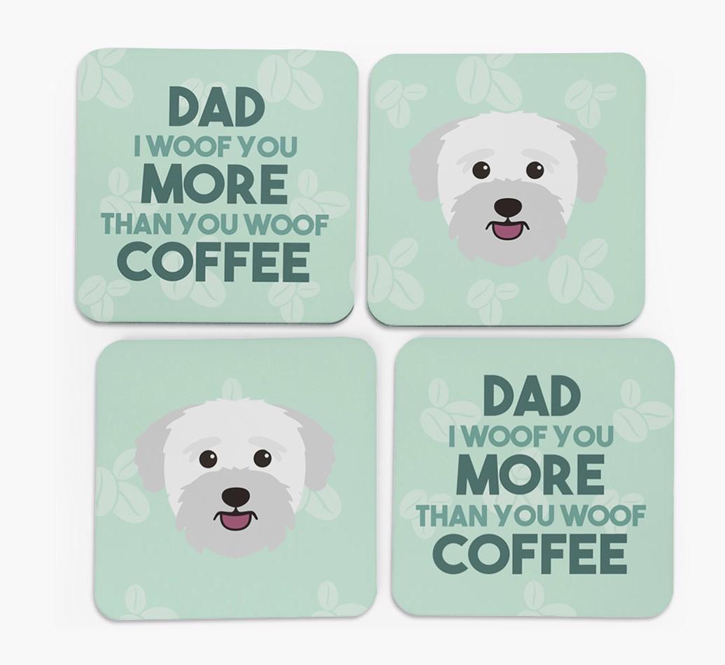 'Dad I woof you more than you woof coffee' Coasters with {breedFullName} Icon