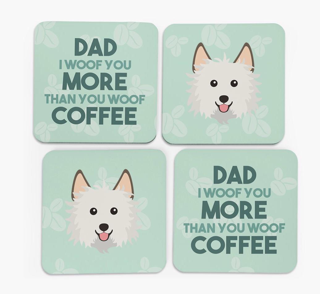 'Dad I woof you more than you woof coffee' Coasters with {breedFullName} Icon