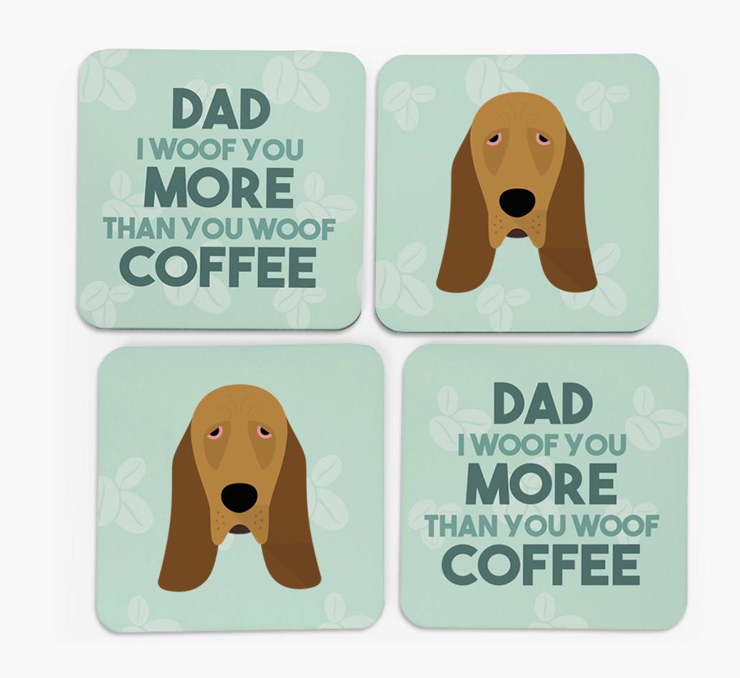 'Dad I woof you more than you woof coffee' Coasters with {breedFullName} Icon
