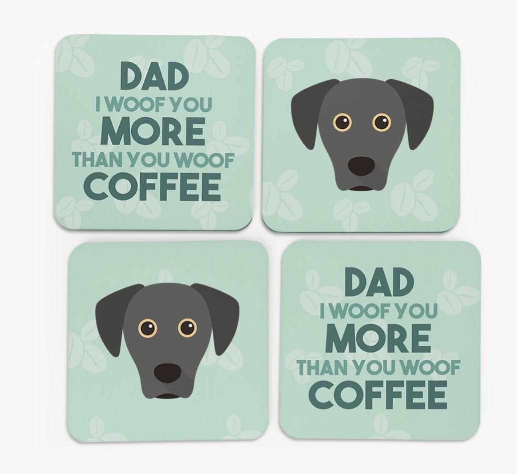 'Dad I woof you more than you woof coffee' Coasters with {breedFullName} Icon