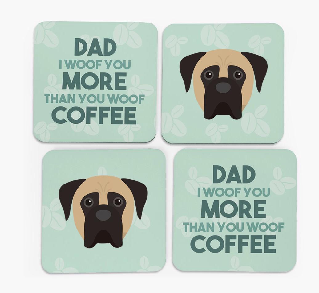 'Dad I woof you more than you woof coffee' Coasters with {breedFullName} Icon