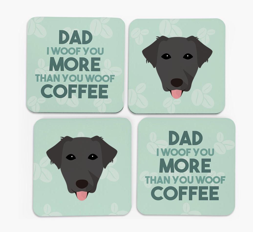 'Dad I woof you more than you woof coffee' Coasters with {breedFullName} Icon