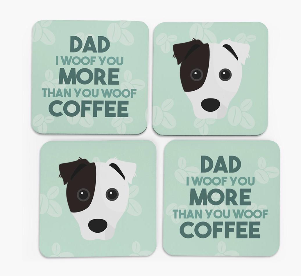 'Dad I woof you more than you woof coffee' Coasters with {breedFullName} Icon