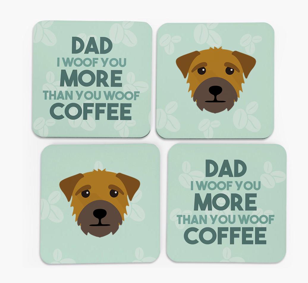 'Dad I woof you more than you woof coffee' Coasters with {breedFullName} Icon