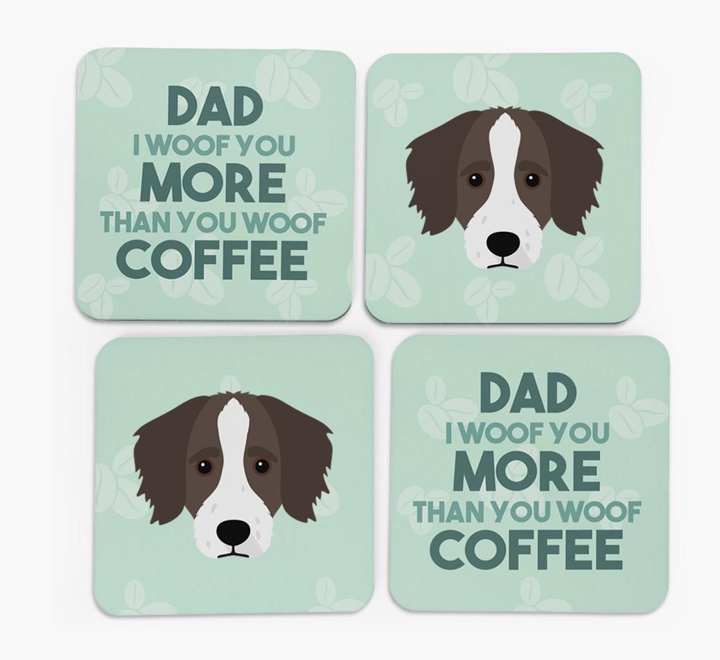 'Dad I woof you more than you woof coffee' Coasters with {breedFullName} Icon