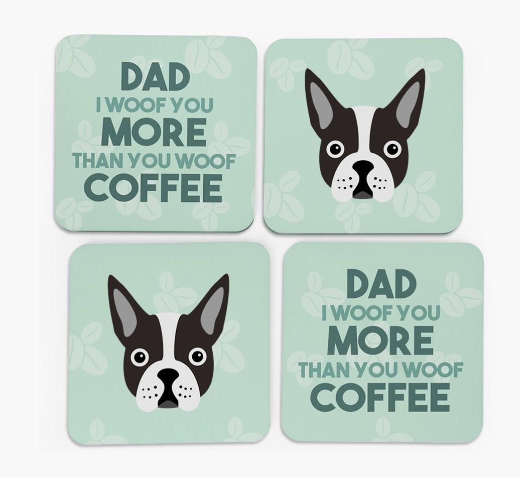 'Dad I woof you more than you woof coffee' Coasters with {breedFullName} Icon