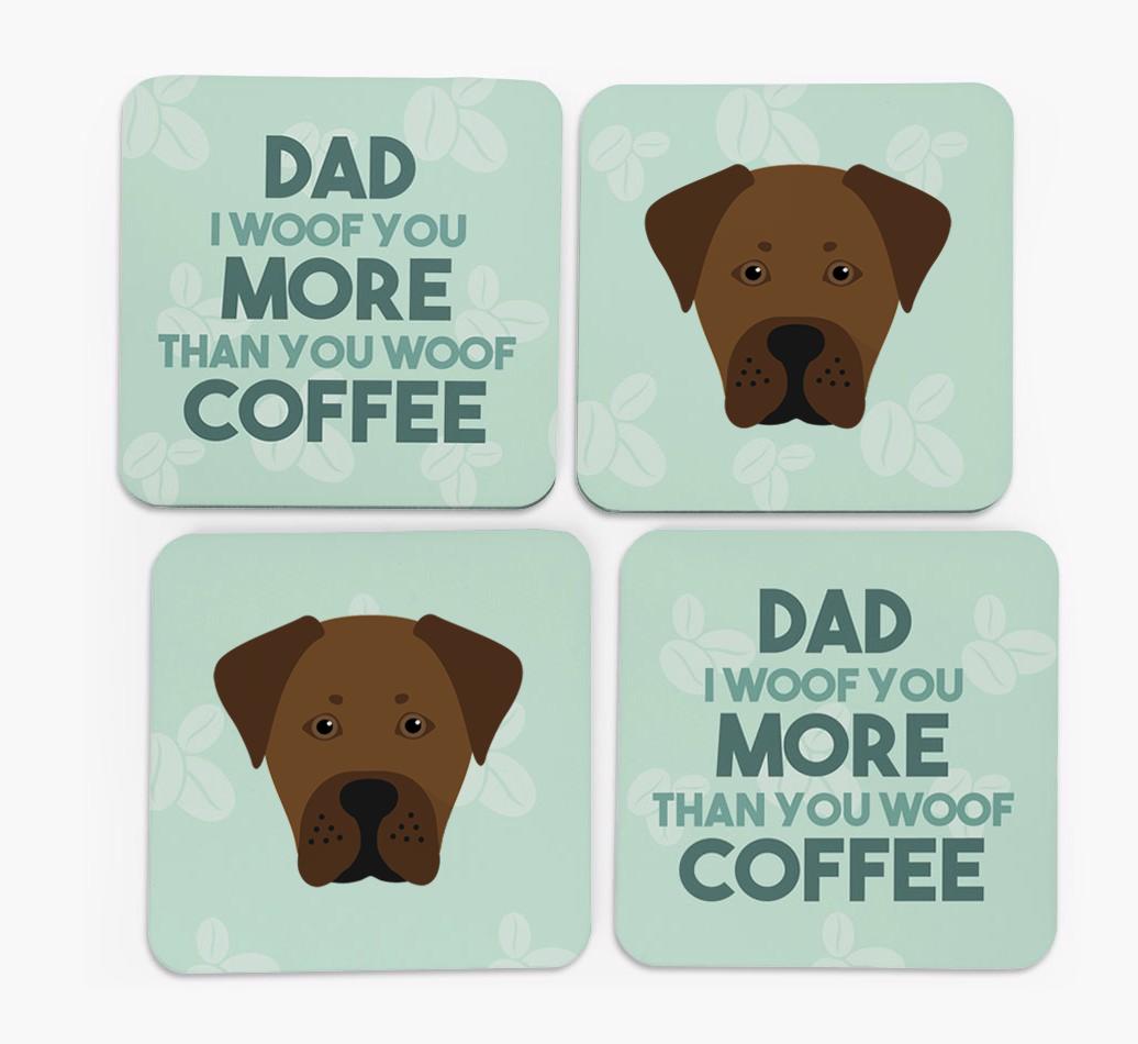 'Dad I woof you more than you woof coffee' Coasters with {breedFullName} Icon