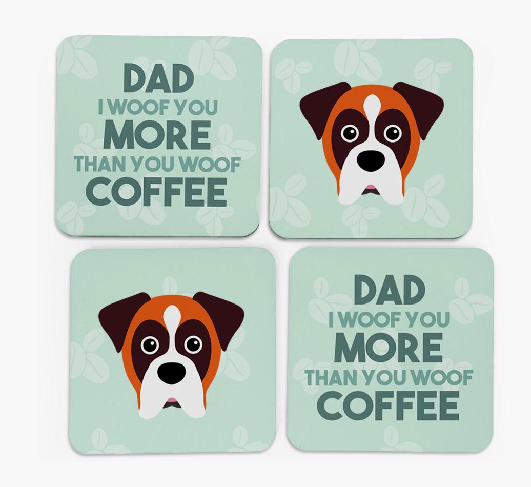 'Dad I woof you more than you woof coffee' Coasters with {breedFullName} Icon