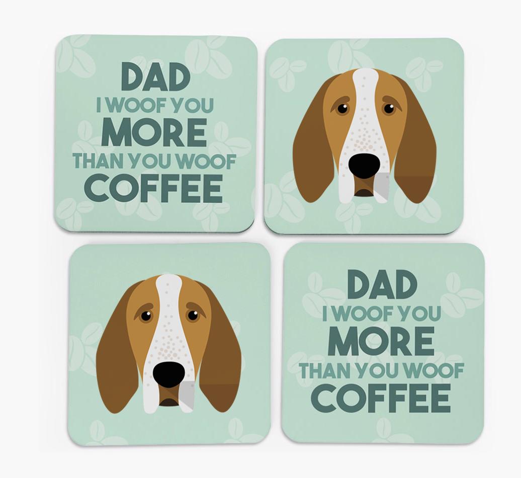 'Dad I woof you more than you woof coffee' Coasters with {breedFullName} Icon