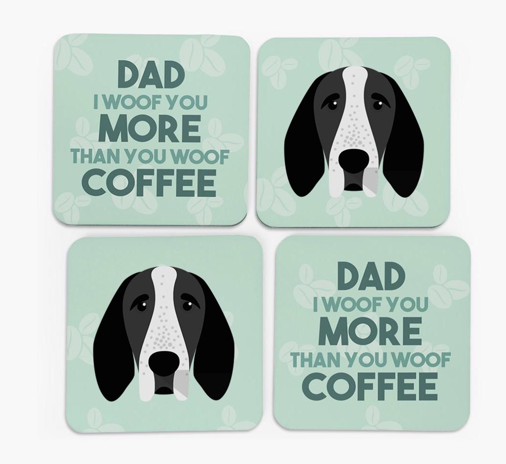 'Dad I woof you more than you woof coffee' Coasters with {breedFullName} Icon
