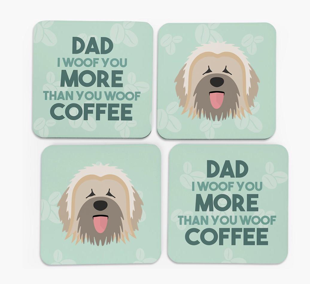 'Dad I woof you more than you woof coffee' Coasters with {breedFullName} Icon