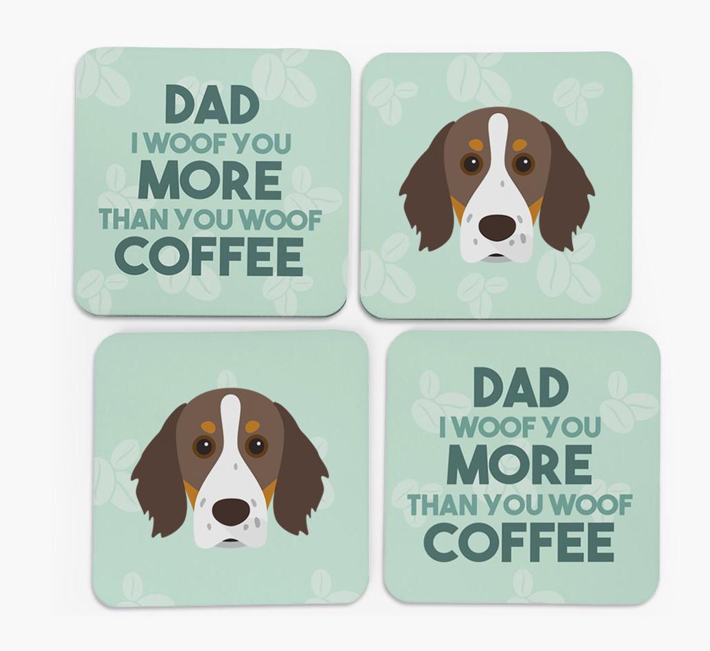 'Dad I woof you more than you woof coffee' Coasters with {breedFullName} Icon