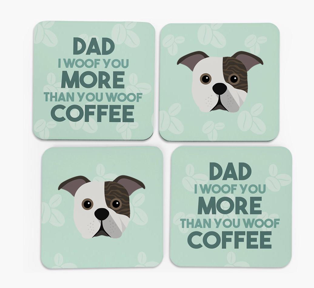 'Dad I woof you more than you woof coffee' Coasters with {breedFullName} Icon
