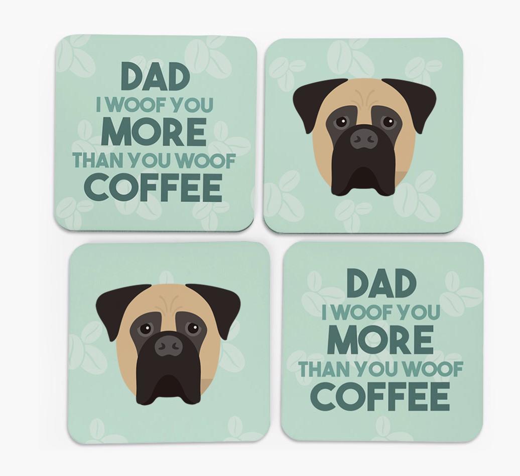 'Dad I woof you more than you woof coffee' Coasters with {breedFullName} Icon