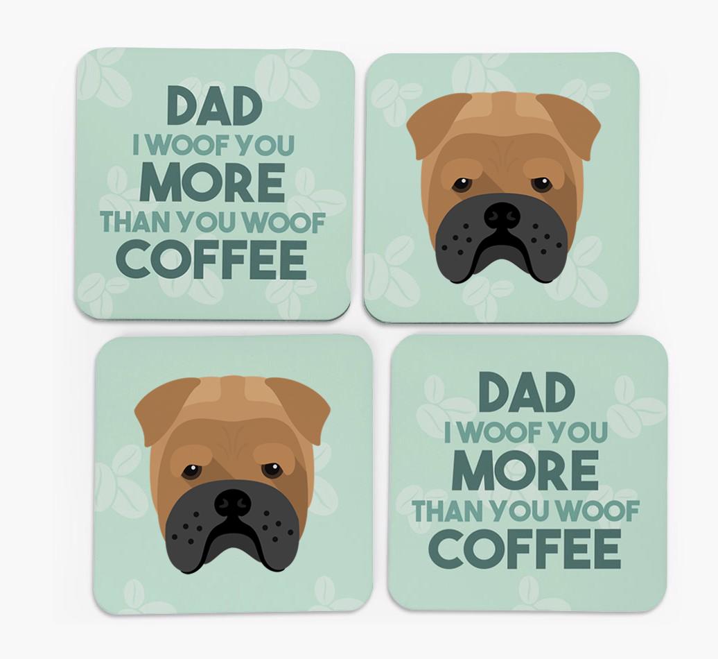 'Dad I woof you more than you woof coffee' Coasters with {breedFullName} Icon