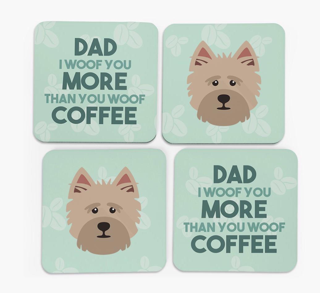 'Dad I woof you more than you woof coffee' Coasters with {breedFullName} Icon