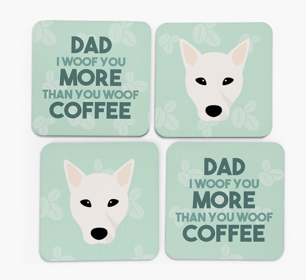 'Dad I woof you more than you woof coffee' Coasters with {breedFullName} Icon